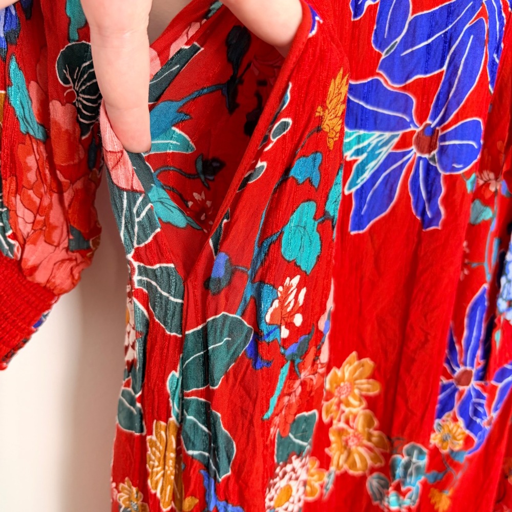 Anthropologie Floral Wrap Midi Dress Long Sleeve Red Blue Yellow Women's Size 2 - Picture 4 of 9